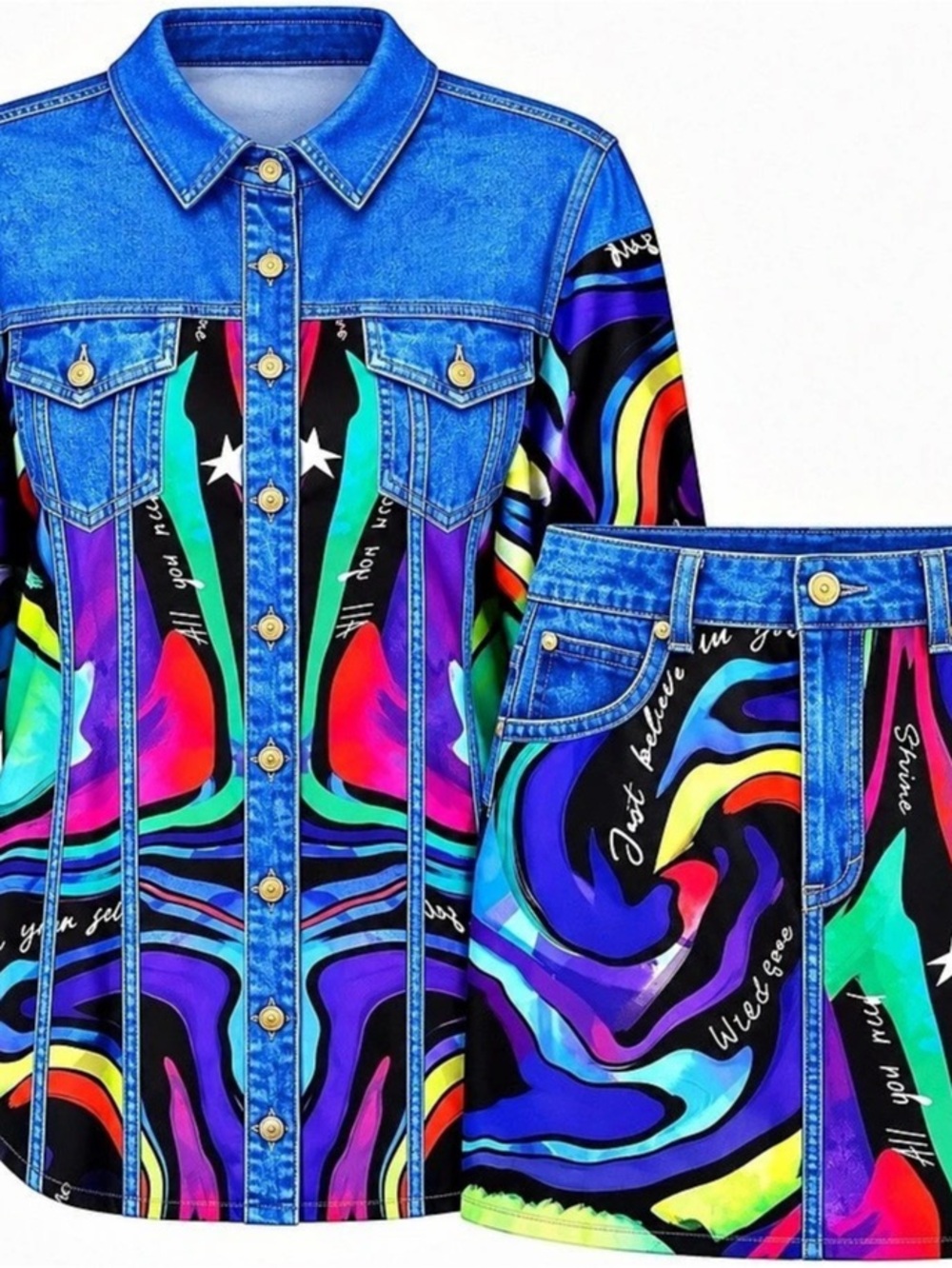 Abstract Denim Jacket & Shorts Set in Blue